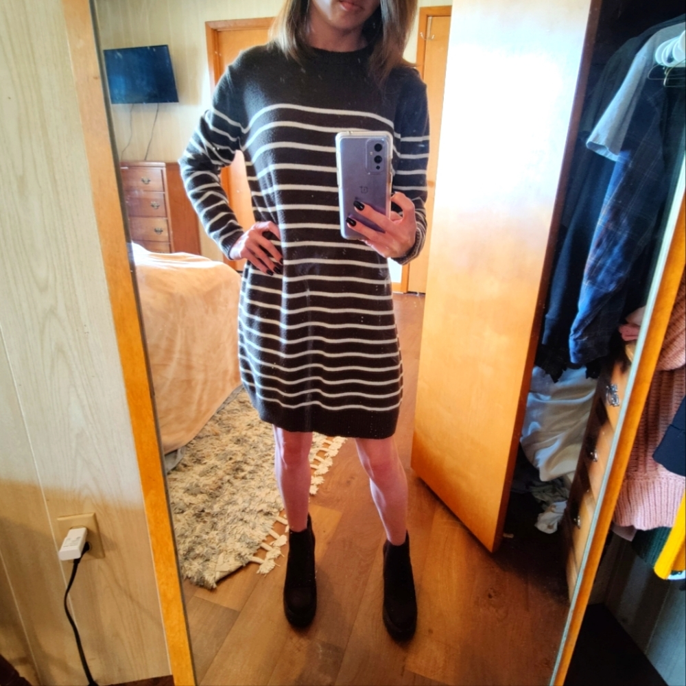 Olive Green w White Stripe Sweater Dress